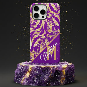 Purple Amethyst & Gold Marble Custom Monogram iPhone 16 Pro Max Case