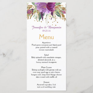 Purple Amethyst Gold Watercolor Flowers Menu Cards