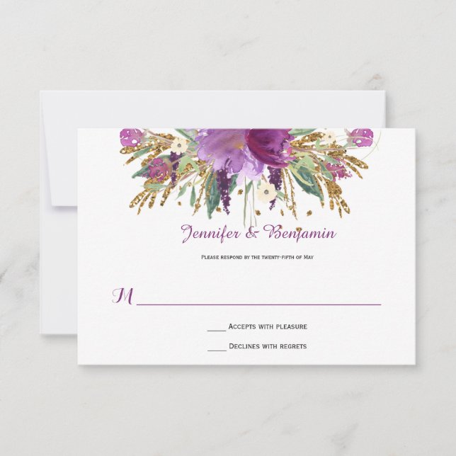 Purple Amethyst Gold Watercolor Flowers RSVPs RSVP Card (Front)