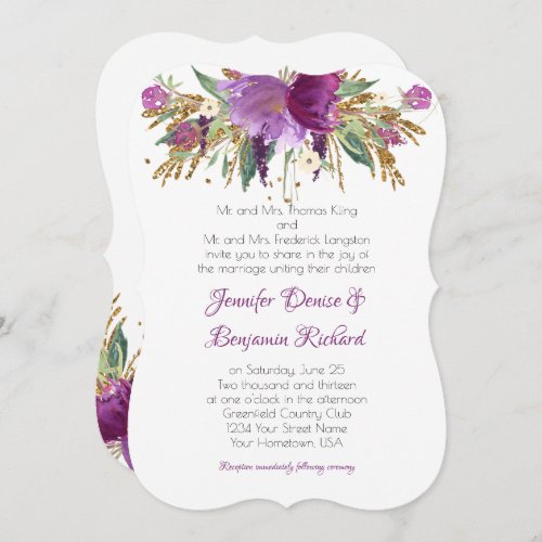 Purple Amethyst Gold Watercolor Flowers Weddings Invitation