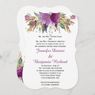 Purple Amethyst Gold Watercolor Flowers Weddings Invitation