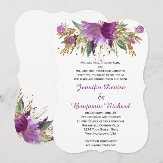 Purple Amethyst Gold Watercolor Flowers Weddings Invitation