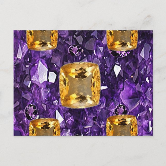 PURPLE AMETHYST & GOLDEN TOPAZ GEM CRYSTALS POSTCARD (Front)