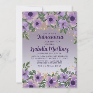 Purple Amethyst Lavender Gold Glitter Quinceañera Invitation