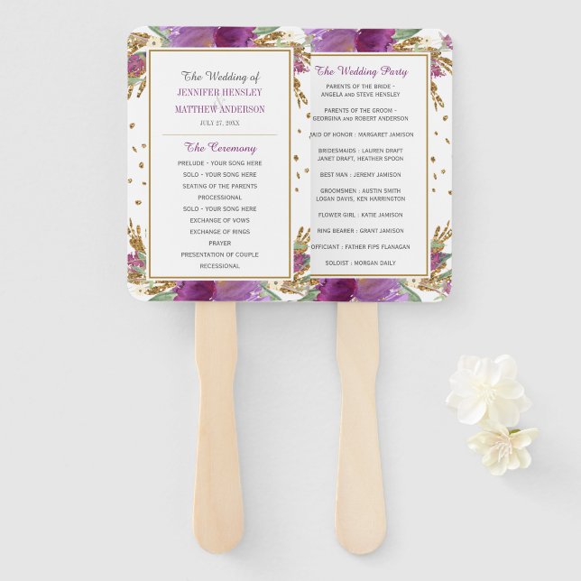 Purple Amethyst Rectangle Gold Glitter Frame Hand Fan (Front and Back)