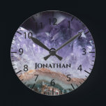 Purple Amethyst Stone Crystals Geode Photo Custom Round Clock<br><div class="desc">Photo close-up of a purple amethyst stone geode with a customizable name for a personalized gift for someone who loves stones and minerals.</div>