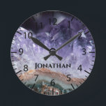 Purple Amethyst Stone Crystals Geode Photo Custom Round Clock<br><div class="desc">Photo close-up of a purple amethyst stone geode with a customizable name for a personalized gift for someone who loves stones and minerals.</div>