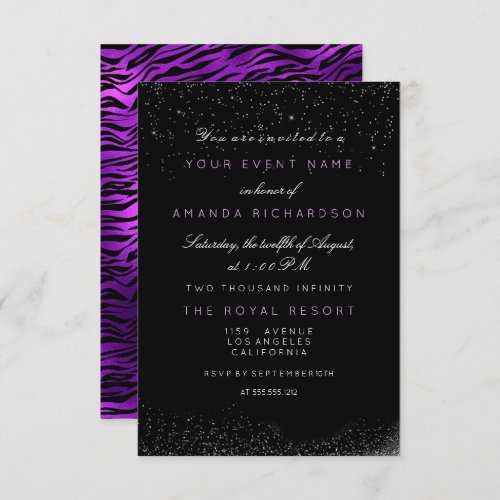 Purple Amethyst Tiger Black White Sparkly Birthay Invitation