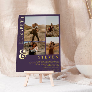 Purple ampersand 4 photo grid wedding gold foil invitation