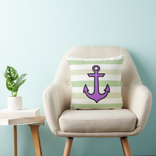Purple Anchor, Boat Anchor, Ship Anchor, Stripes Throw Pillow