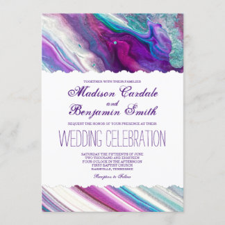 Purple and Aqua Abstract Paint Swirls Wedding Invitation