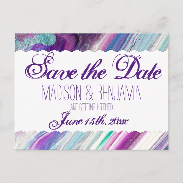 Purple and Aqua Abstract Wedding Save the Date Postcard (Front)