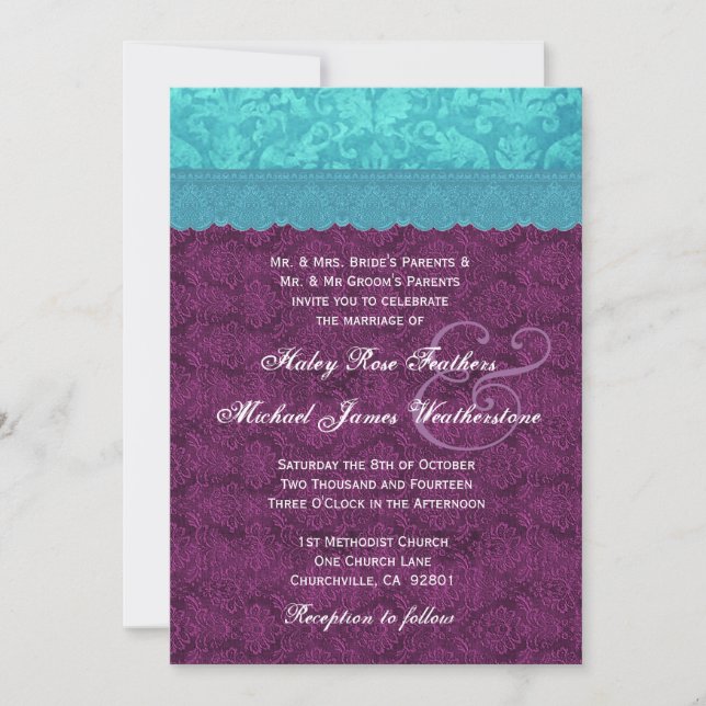 Purple and Aqua Blue Damask Wedding G500C Invitation (Front)