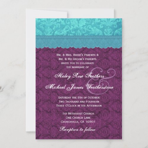 Purple and Aqua Blue Damask Wedding G500C Custom Announcement