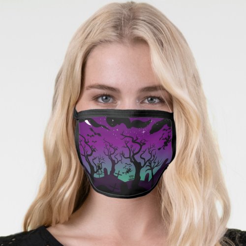 Purple and aqua blue graveyard scene Halloween Face Mask