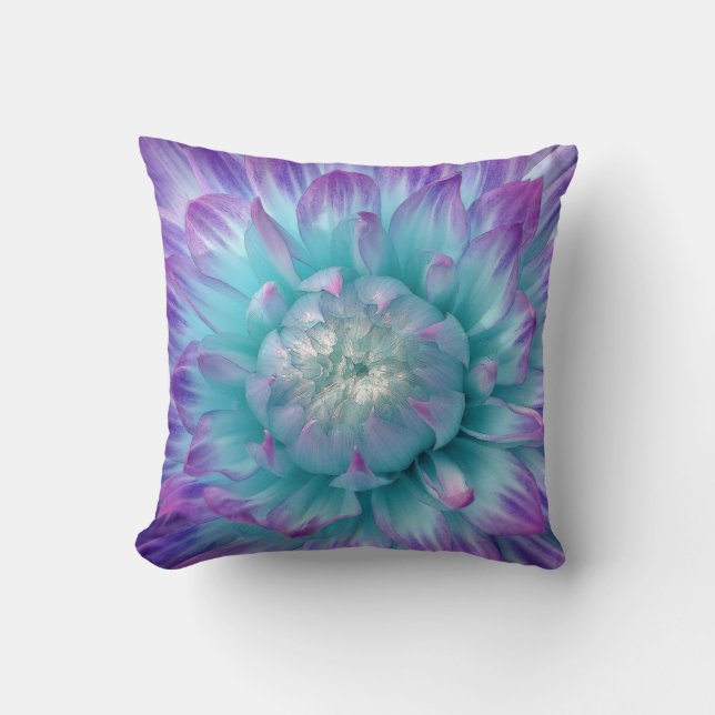 Purple and Aqua Colored Dahlia Throw Pillow (Front)
