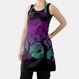 Purple and aqua haunted graveyard Halloween Apron