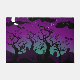 Purple and aqua haunted graveyard Halloween Doormat