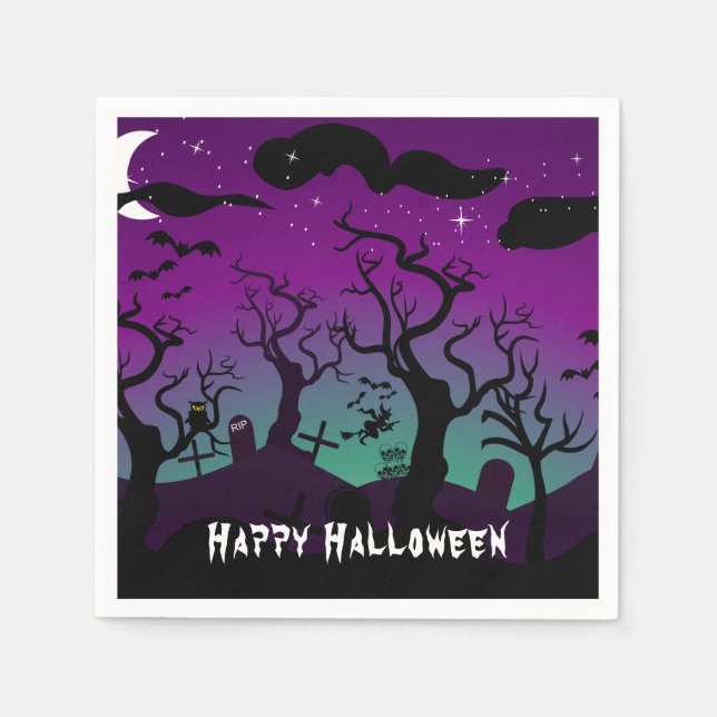 Purple and aqua haunted graveyard Halloween Napkins (Front)