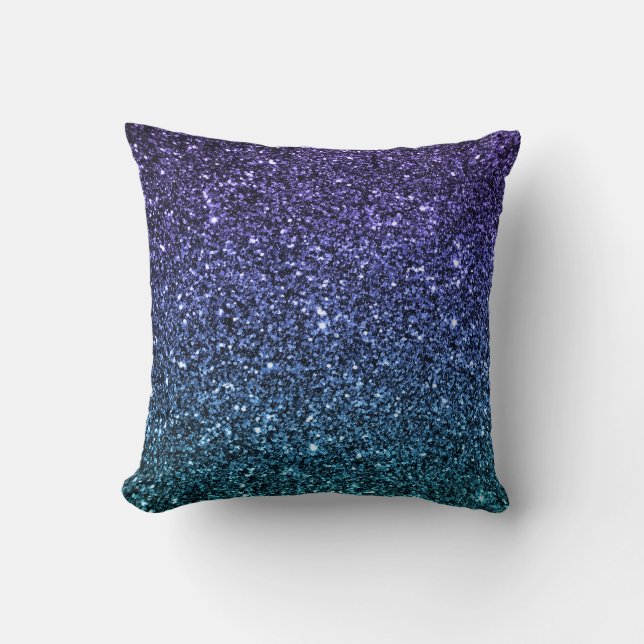 Purple and Aqua Ombre Faux Glitter Throw Pillow (Front)