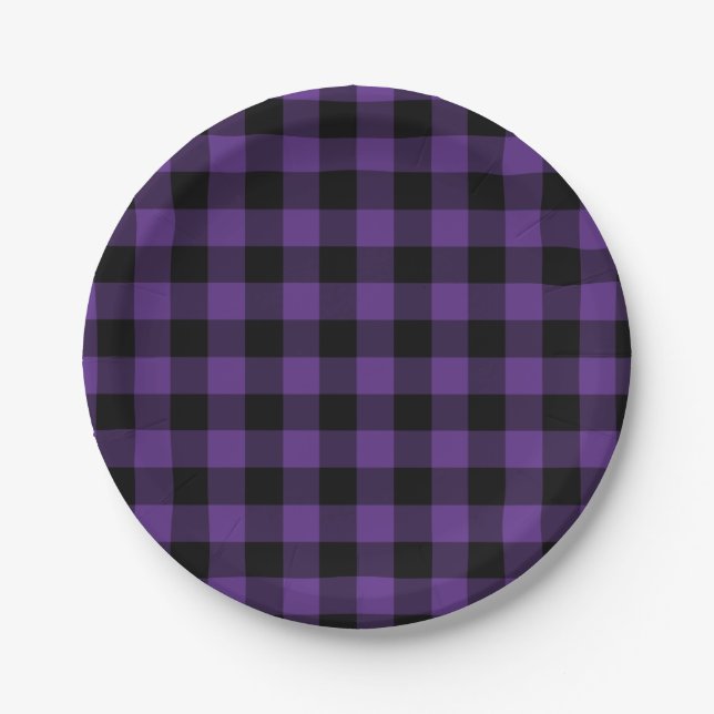 Purple and Black Buffalo Check Plaid Pattern Paper Plates (Front)