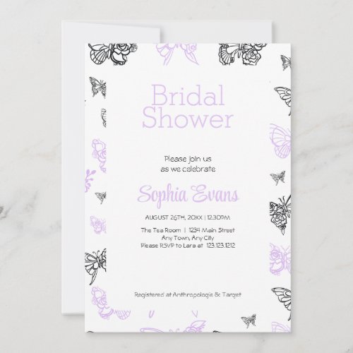 Purple and Black Butterflies White Bridal Shower Invitation