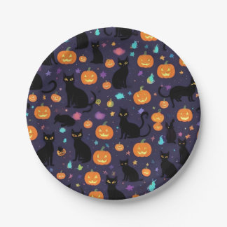 Purple And Black Cat Halloween Paper Plates