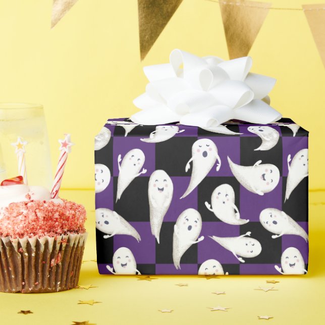 Purple and Black Checkerboard Ghosts Halloween Wrapping Paper (Birthday Party)