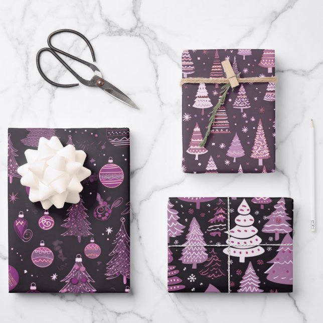 Purple and Black Christmas Trees Christmas Wrapping Paper Sheets (Front)