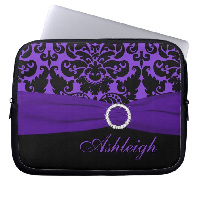 Purple and Black Damask FAUX Ribbon Laptop Sleeve (Front)