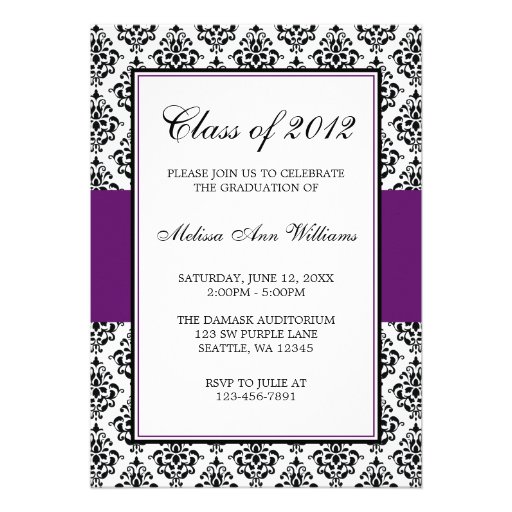 Purple and Black Damask Graduation Announcement 5