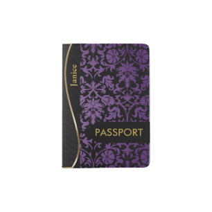 Purple and Black Damask Passport Holder