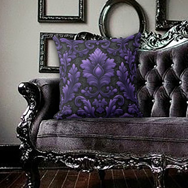 Purple and Black Damask Patterned  Throw Pillow (Creator Uploaded)
