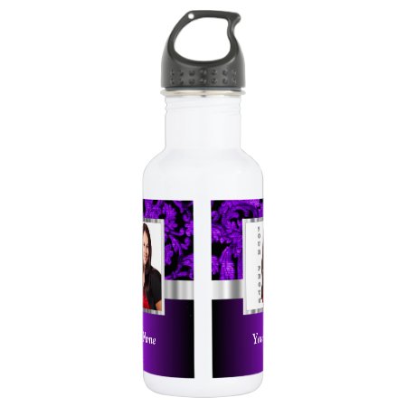 Purple And Black Damask Photo Template Water Bottle