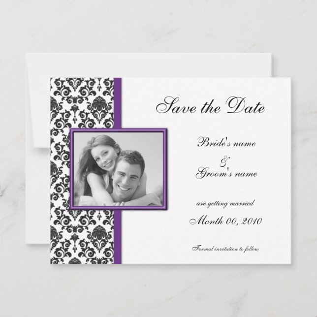 Purple and Black Damask Save the Date Photo Cards (Front)