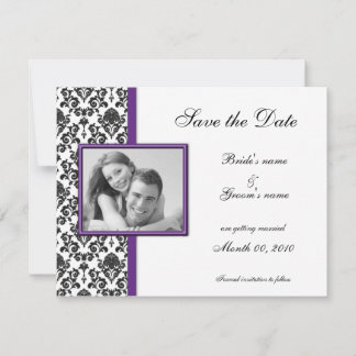 Purple and Black Damask Save the Date Photo Cards