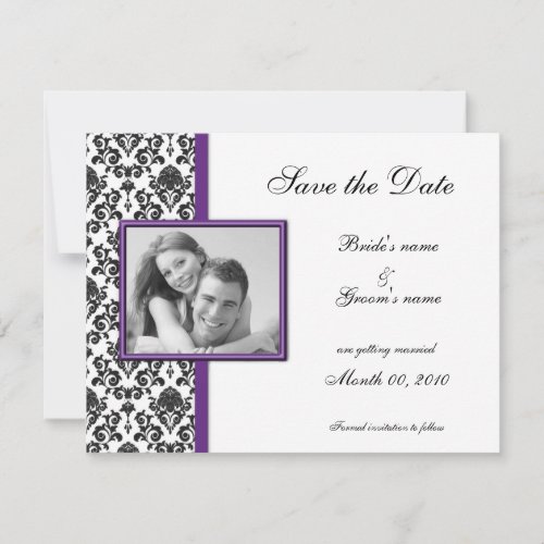 Purple and Black Damask Save the Date Photo Cards