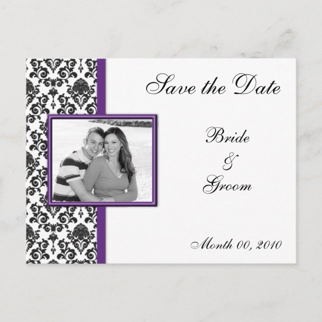 Purple and Black Damask Save the Date Postcards (Front)