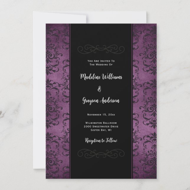 Purple and Black Damask Wedding Invitation (Front)