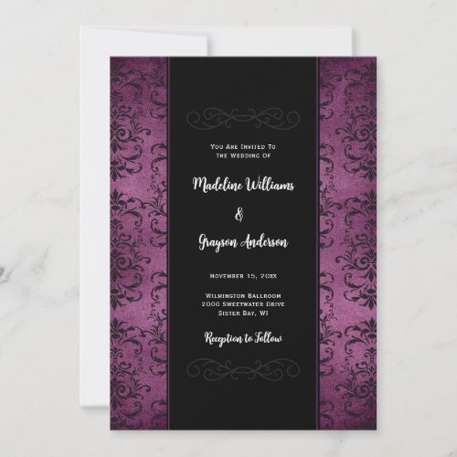 Purple and Black Damask Wedding Invitation