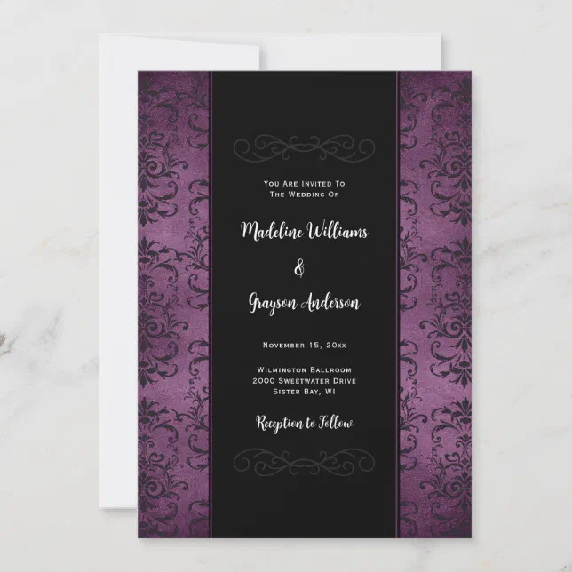 Purple and Black Damask Wedding Invitation | Zazzle