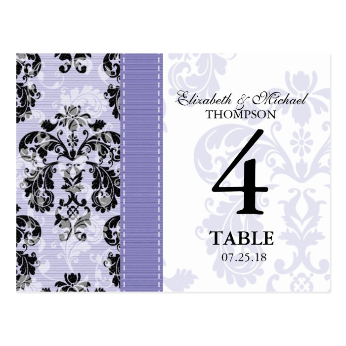 Purple and Black Damask Wedding Table Number Card Postcards