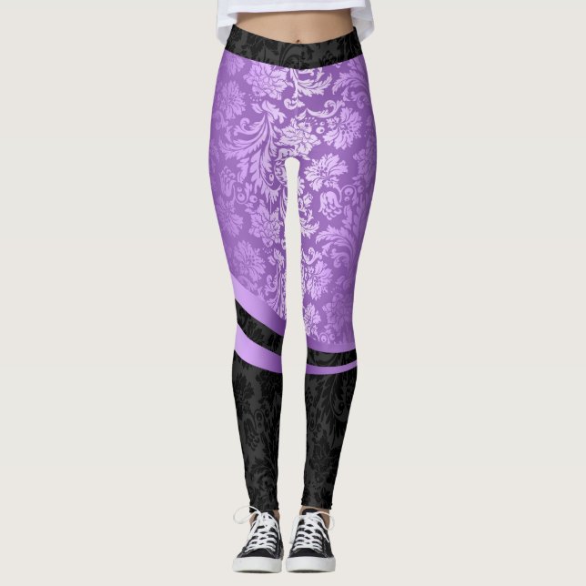 Purple and black damasks geometric design leggings (Front)