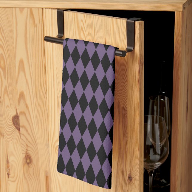 Purple and Black Diamond Pattern Halloween Kitchen Towel (Thirds Fold)
