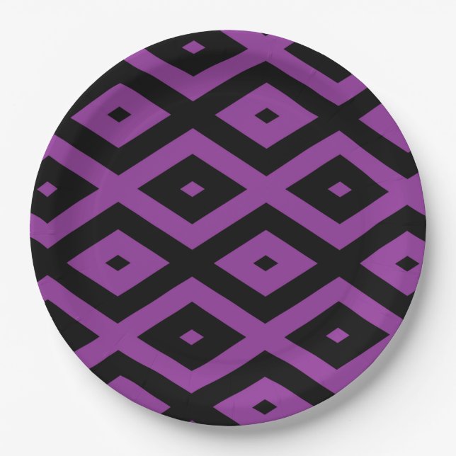 Purple and black diamond pattern paper plates (Front)