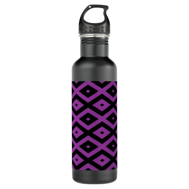 Purple and black diamond pattern stainless steel water bottle (Front)