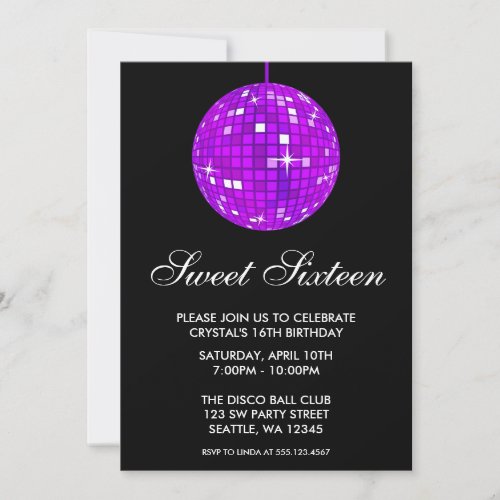 Purple and Black Disco Ball Sweet Sixteen Birthday Personalized Announcement