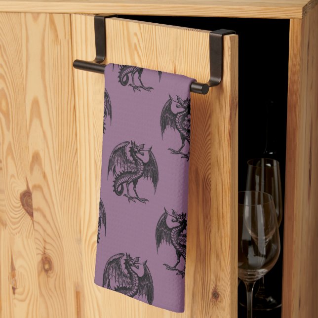 Purple and Black Dragons Pattern Halloween Kitchen Towel (Thirds Fold)