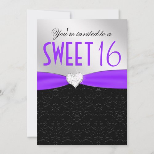 Purple and Black Floral Damask Diamond Heart Invitations