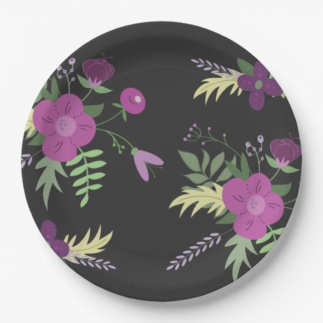Purple and Black Flower Design Paper Plates (Front)